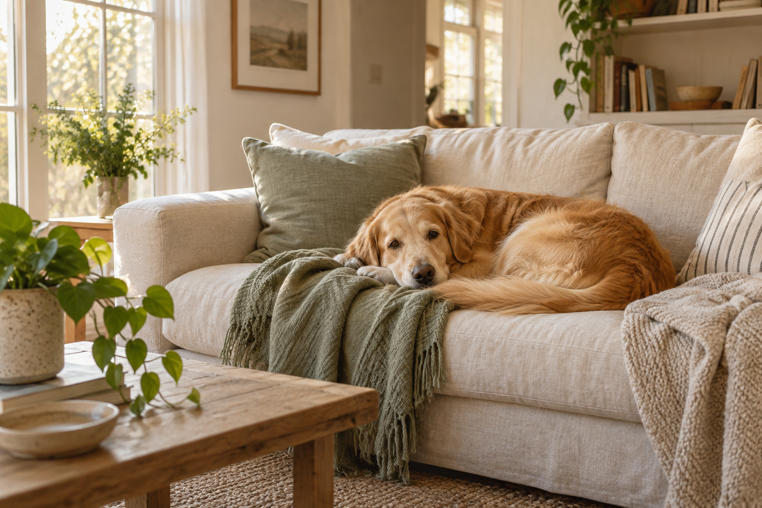 A golden retriever resting on a soft cream sofa beside a sage green throw in afternoon light